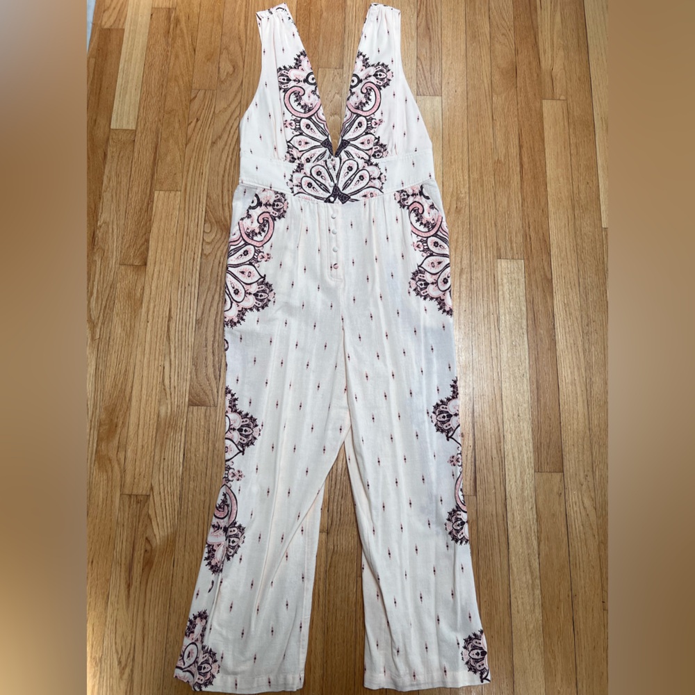 Free People Blush Pink Paisley Wide Leg Plunge Jumpsuit Size L